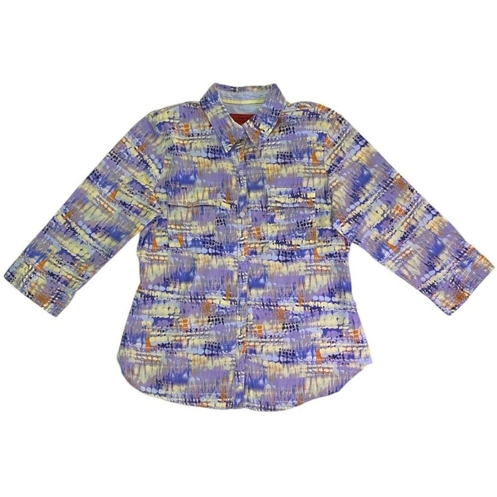 Sunset Rd Women’s Size 10 Purple Abstract Print Button Front Blouse 3/4 Sleeve